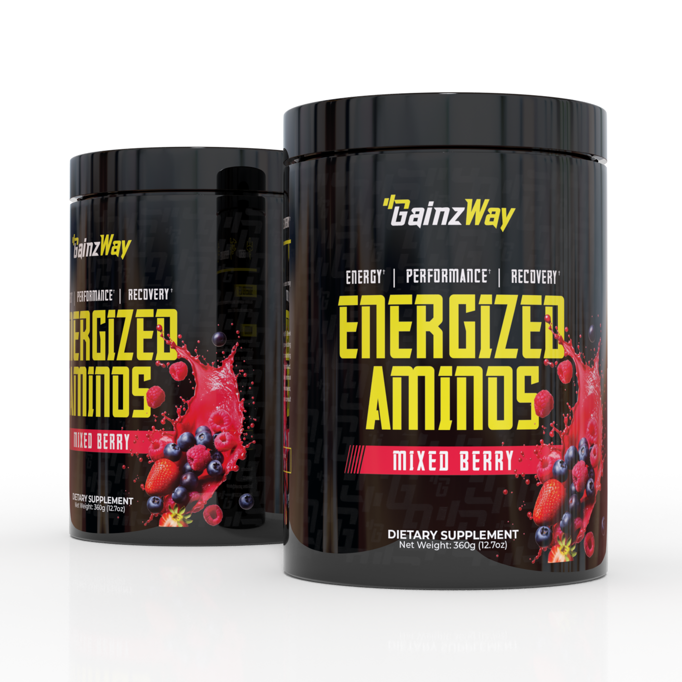 Two containers of GainzWay Energized Aminos Mixed Berry supplement on a white background