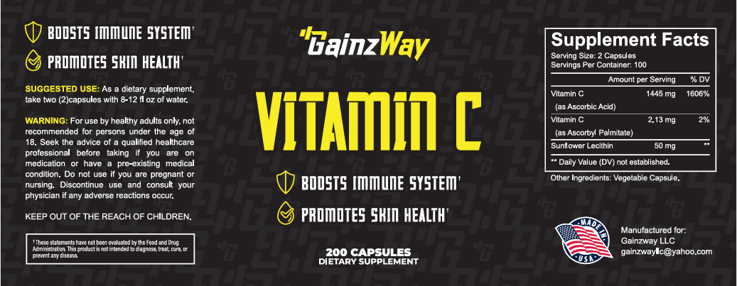 Gainzway Vitamin C Capsules, 1500 mg, 200 Capsule Count, 100 Servings - Immune Support, Overall Health