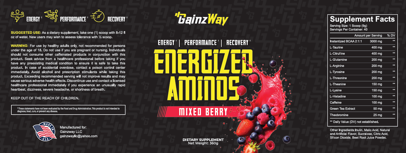 Gainzway Energized Amino Powder, Mixed Berry Flavor, 360g, 40 Servings – Supports Muscle Recovery & Energy, Pre-Workout
